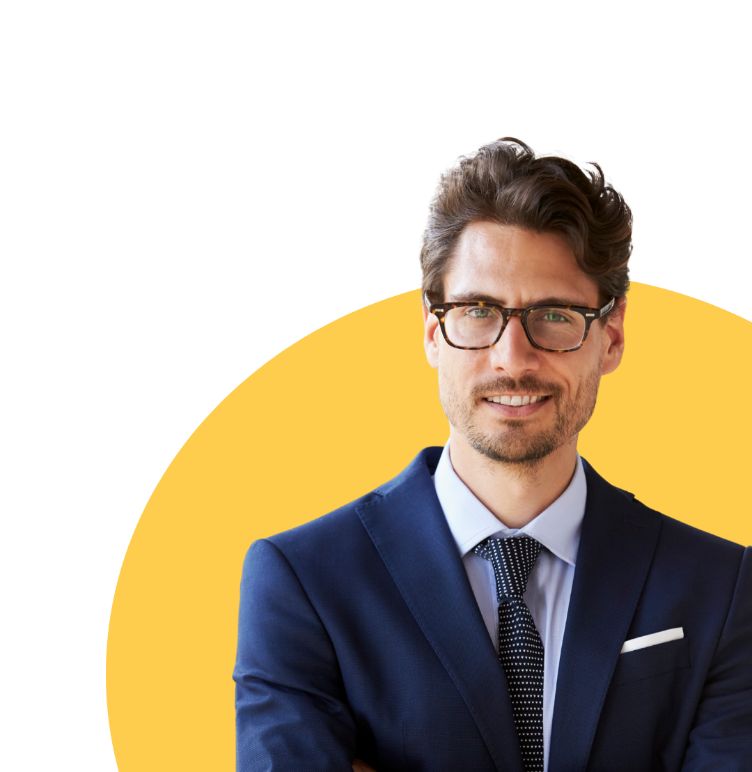 Business professional in front of a yellow shape